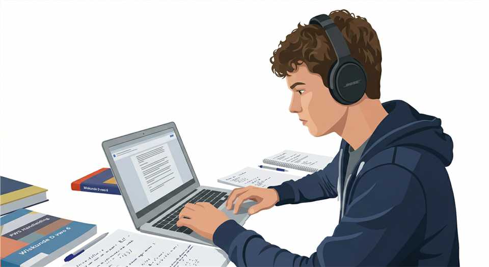 Jongere gebruikt laptop voor huiswerk met schoolboeken op tafel