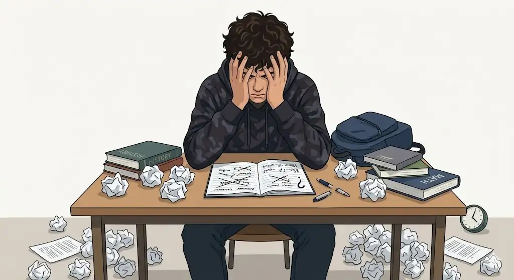 Een gefrustreerde tiener aan een bureau met huiswerk